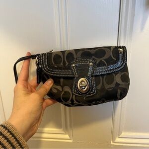 Coach Legacy Signature Black Canvas Leather Trim Flap Wristlet Coin Wallet CLEAN